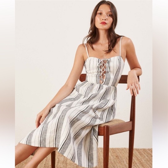 Reformation Louisiana Stripe Lace-up Midi Dress NWT Size 8 - Picture 2 of 7